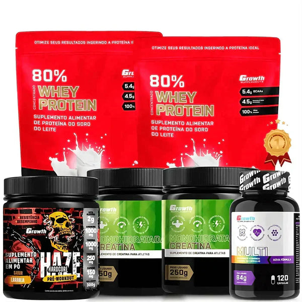 (COMBO ESSENCIAIS) - Kit 2 Whey 1kg + 2 Creatinas 250g + Pré-Treino Haze 300g + Multivitamínico 120caps