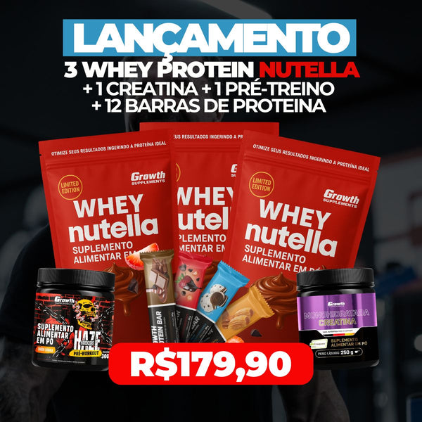 (ÚLTIMO DIA DE PROMOÇÃO) - 3x Whey Protein Nutella 1kg + 1 Creatina + 1 Pre Treino + 12 Barras de Proteina